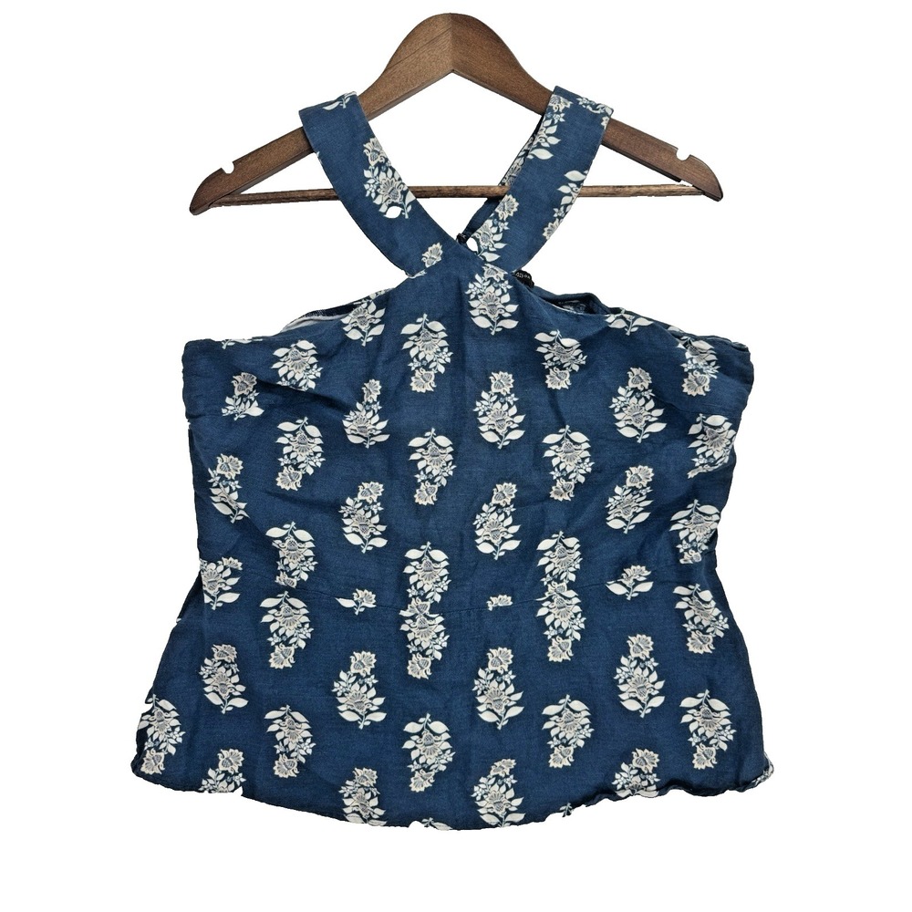Ann Taylor Factory blue halter peplum blouse linen cottage 12 coquette old money